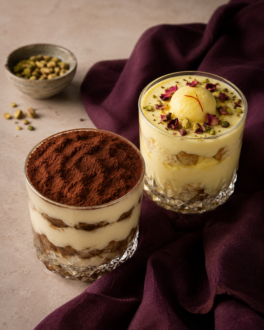 Tiramisu and Rasmalai Tres Leches dessert cups