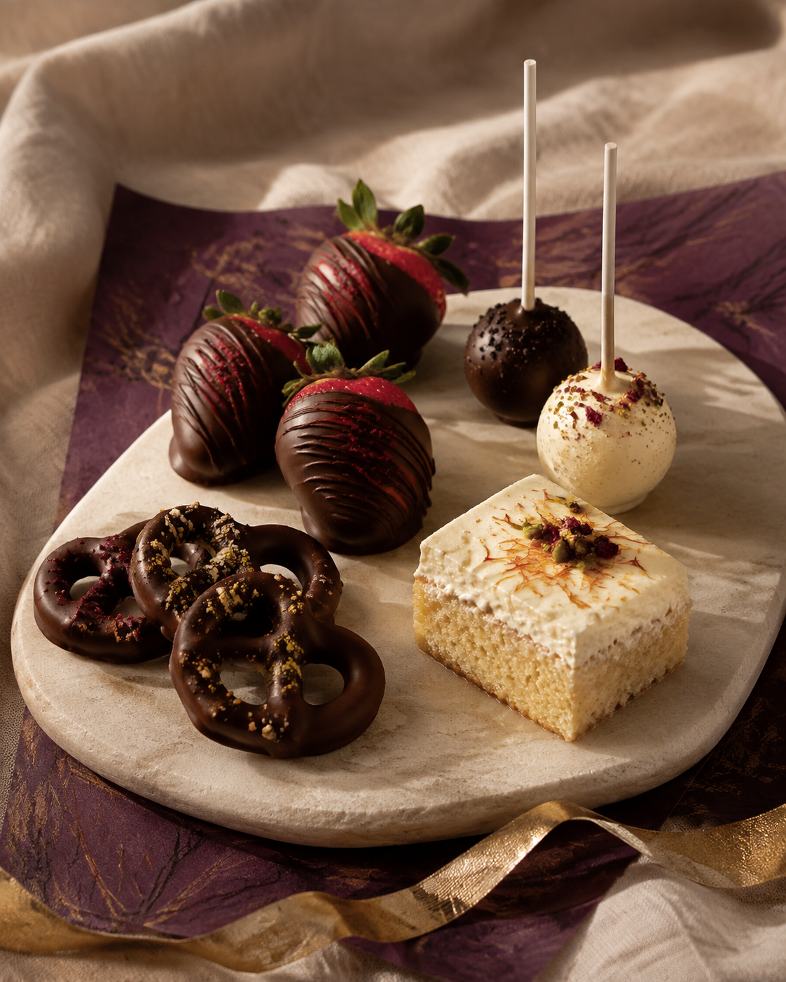 Chocolate-covered strawberries, pretzels, cake pops and tres leches cake